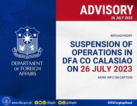 Suspension of Operations in DFA CO Calasiao on 26 July 2023.